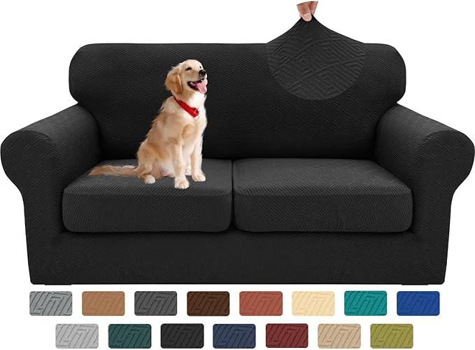 XINEAGE 2026 New 3 Pieces Couch Covers for 2 Cushion Sofa Super Stretch Loveseat Slipcover Pet Dog Universal Slip Cover Anti Slip Love Seat Furniture Protector (Black, 55"-69")