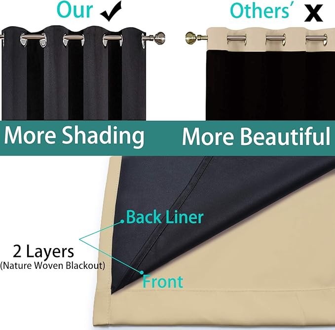 Yakamok 100% Blackout Curtains with Black Lined Thermal Insulated Light Blocking Curtains Heat Blocking Drapes for Bedroom(52Wx96L, Beige, 2 Panels)