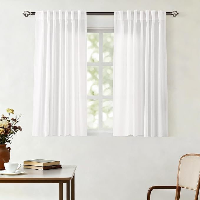 White Linen Curtains 45 inch Length 2 Panel Set for Living Room Back Tab Rod Pocket Semi Sheer Light Filtering Bedroom Window Curtain 45 inch Long Cotton Textured Modern Elegant Coastal Drapes