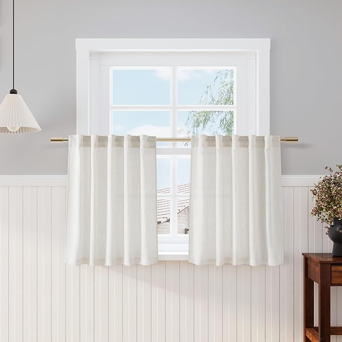 Cream Linen Kitchen Curtains 30 Inches Long 2 Panels Back Tab Rod Pocket Farmhouse Light Filtering Semi Sheer Short Curtain Solid Privacy Cafe Tier Curtains for Bathroom Basement Camper 36x30