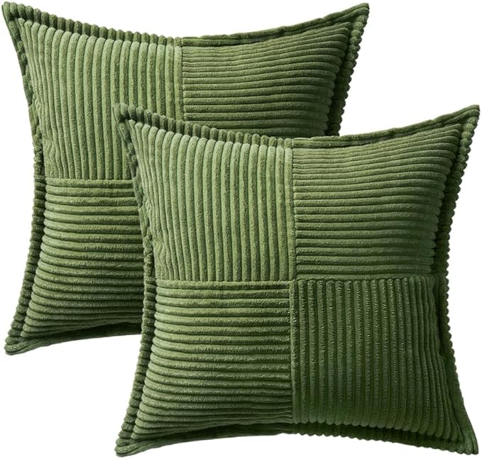 MIULEE Spring Decorative Throw Pillow Covers for Couch Bed Livingroom 18x18 Inch Set of 2 Moss Green Boho Accent Throw Pllows Broadside Striped Patchwork Soft Corduroy Summer Pillowcases