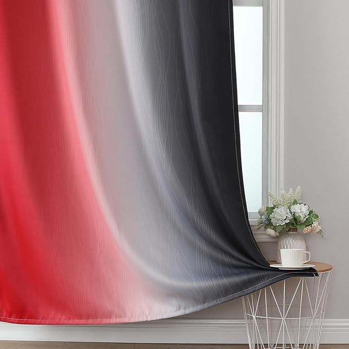 Ombre Red and Black Curtains 96 Inches Long, Total Blackout Curtains for Bedroom, Thermal Insulated Gradient Grommet Drapes, Full Light Blocking Curtains for Living Room, 52x96 Inch, 2 Panels