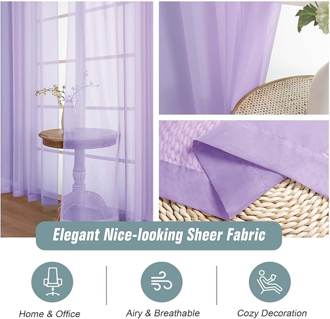 Sheer Curtains for Window 96 Inches Long 2 Panels, Soft Airy Light Filtering Voile Sheer Curtains for Living Room Bedroom, Dual Rod Pocket Elegant Window Drapes, Lavender, 2x42Wx96L Inches