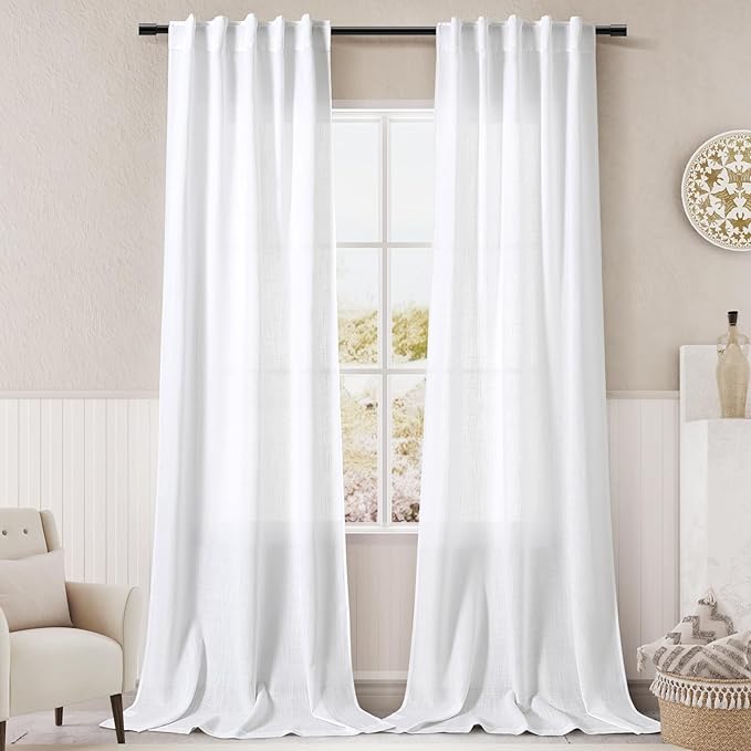 Extra Long White Curtain 108 inches Long 2 Panels Set for Living Room Back Tab Modern Farmhouse Coastal Decor Cotton Textured Off White Sheer Linen Curtains 108 inch Length for Large Window 9 FT