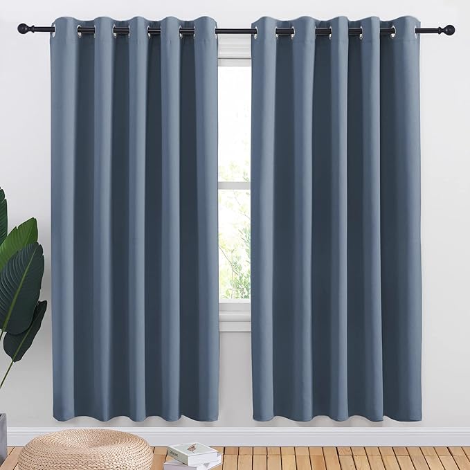 NICETOWN Blackout Draperies Curtains for Kids Room, Window Treatment Thermal Insulated Solid Grommet Blackout Drape Panels for Bedroom (Stone Blue, Set of 2, 70 by 72 inches)