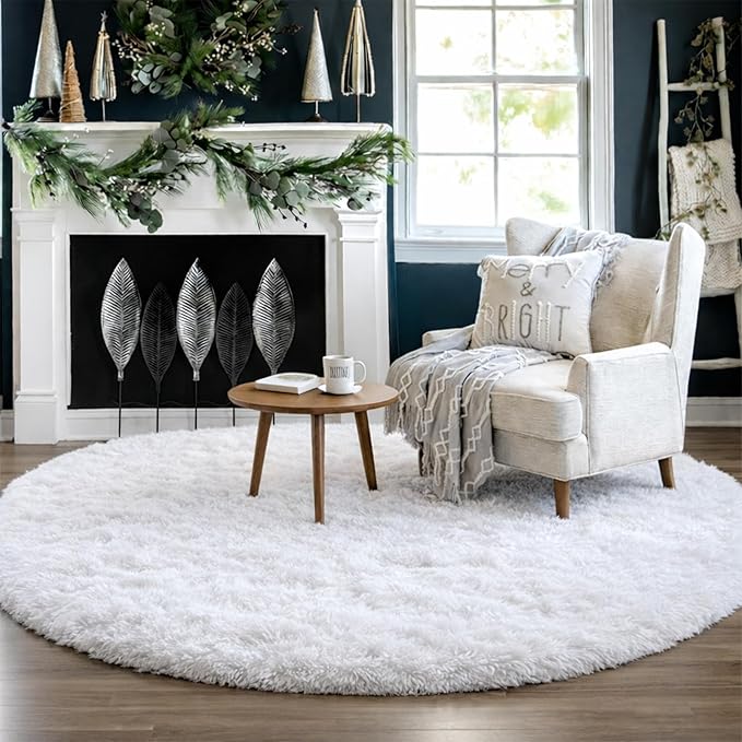 Amdrebio White Fluffy Round Rug 4Ft for Bedroom Aesthetic, Fuzzy Fur Circle Area Rugs for Living Room, Soft Plush Shaggy Shag Carpet for Nursery Dorm, Cute Kids Room Decor for Baby Toddler Teen Girls