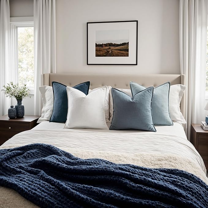 MIULEE Blue Linen Pillow Covers Pack of 4 Decorative Natural Throw Pillow Covers Soft Accent Boho Farmhouse Couch Pillowcases Modern Spring Home Coastal Decor for Living Room Bed Sofa 20x20 Inch