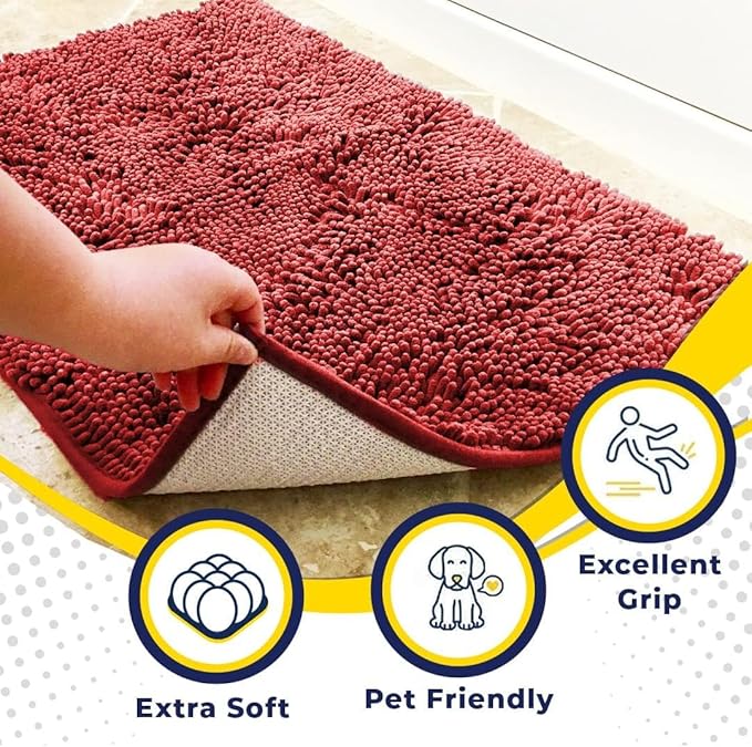 Muddy Mat® | Super Absorbent Door Mat Indoor, Microfiber Quick Dry Chenille Entryway Rug, Non-Slip Front Door Mat, Indoor Mats for Entryway, Machine Washable Pet Rug, Red 24" x 120"