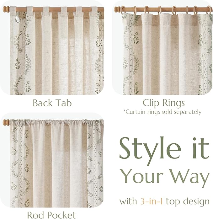 jinchan Belrose Linen Curtains for Bedroom Floral Curtains 63 Inch Length Linen Blend Sage Green Embroidered Drapes Farmhouse Flower Patterned Drapes for Living Room Window Treatments Set 2 Panels