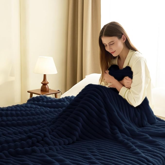 HIMEET Navy Blue Ribbed Queen Size Blanket for Bed - 300GSM Lightweight Fleece Blanket for Men Women, Large Sofa Couch Cover Bed Blankets Gifts, Striped Spring Home Room Decor, Navy Blue, 90x90 Inches