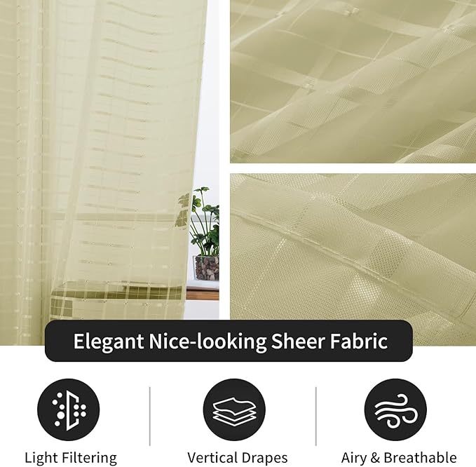 SpaceDresser Check Sheer Curtains 45 Inches 2 Panels Set, Rod Pocket Plaid Window Curtain for Living Room, Sage Green Semi Sheer Drapes for Kitchen Bedroom Children Room Yard（Sage Green, 52W x 45L）