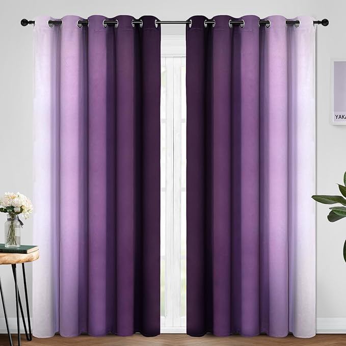 Yakamok Room Darkening Ombre Curtains 84 Inch Length, Purple and Greyish White Thermal Insulated Gradient Color Curtains,Light Blocking Grommet Window Drapes for Bedroom,70 Inch Width,2 Panels