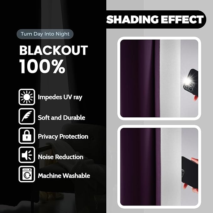Yakamok 100% Blackout Curtains 63 Inch Length 2 Layers,Purple Curtains for Bedroom Ombre Room Darkening Grommet Gradient Drapes, Light Blocking Thermal Insulated Window Curtains for Living Room