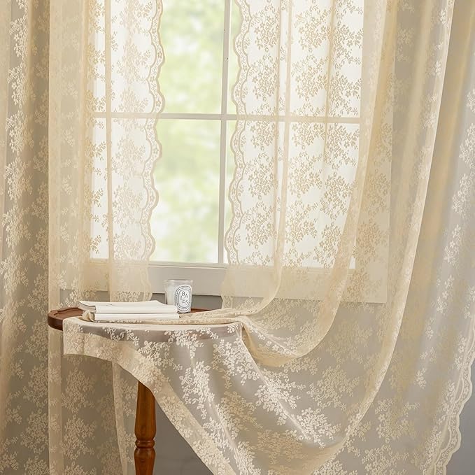YJ YANJUN Vintage Lace Curtains-Victorian Floral Sheer 80 inch Long Curtains for Closet Without Door Living Room Hallway Light Filtering Retro Closet Door Covering Ideas 1 Pair W52 X L80 Light Beige