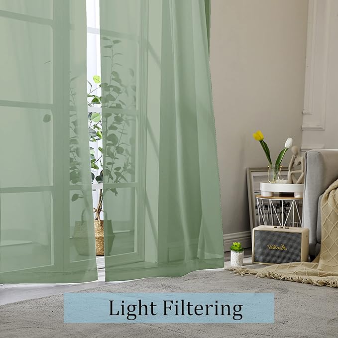 OWENIE Sheer Curtains Sage Green, 45" Long, Light Filtering for Small Window, 2 Panels, Cafe Style
