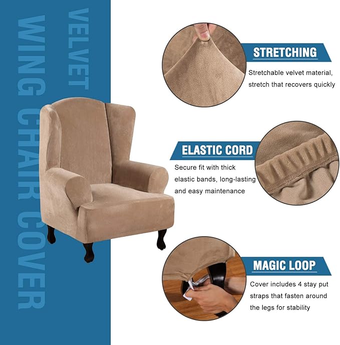 H.VERSAILTEX Wingback Chair Covers Velvet Plush Wing Chair Slipcover 1 Piece High Stretch Wing Back Chair Slipcovers Sofa Cover Furniture Cover with Elastic Bottom, Camel