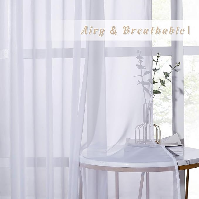 NICETOWN White Sheer Curtains 72 inches Long - Silver Eyelet Top Light Filtering Window Drapes Airy & Breathable Living Room Voile Panels for Flat/Apartment, 74" W Total 2 Pieces