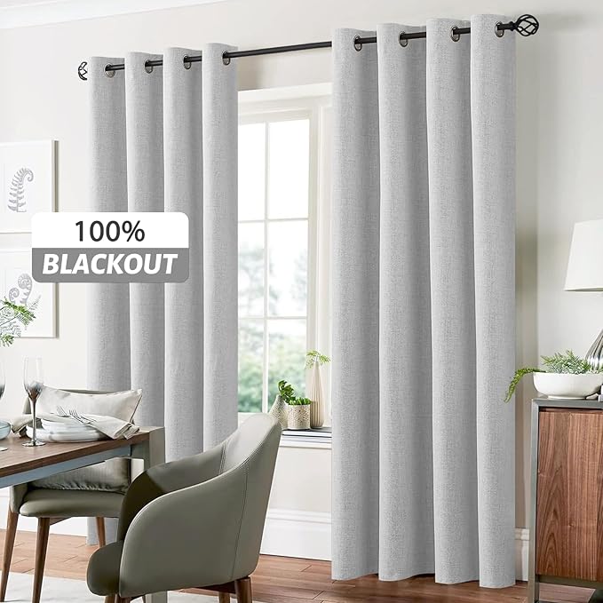 Yakamok White Linen Curtains 100% Blackout 96 Inches Long,Room Darkening Textured Curtains for Living Room Thermal Grommet Bedroom Curtain 2 Panels with Greyish White Liner