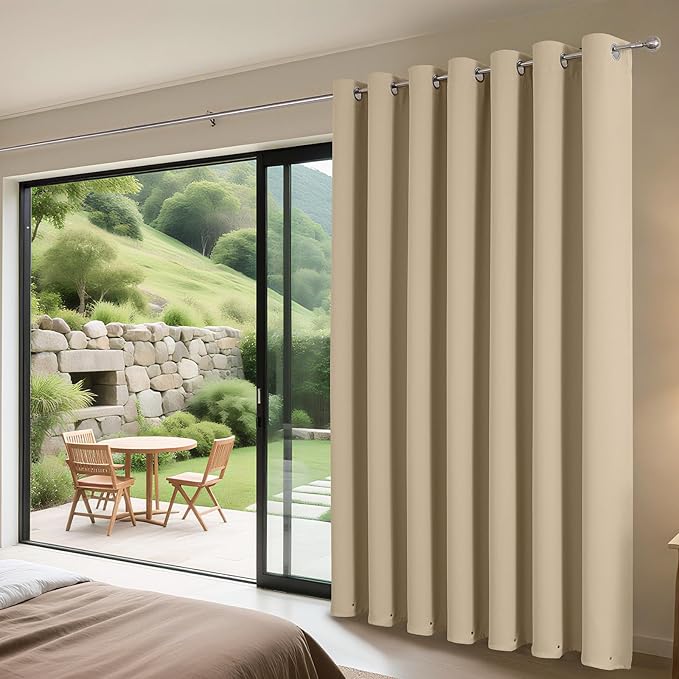 Joydeco Blackout Patio Sliding Door Curtains 84 Inches Long, Grommet Privacy Room Divider Curtains, Extra Wide Thermal Blackout Drapes for Bedroom Living Room (Light Beige, 80Wx84L, 1 Panel)