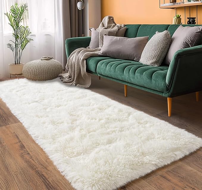 Pionblank Fluffy Runner Rugs for Bedroom 2x6, Modern Shaggy Area Rug for Hallway Living Room, Plush Soft Fuzzy Bedside Carpet for Kids Girls Boys Room Nursery Decor, Cream White