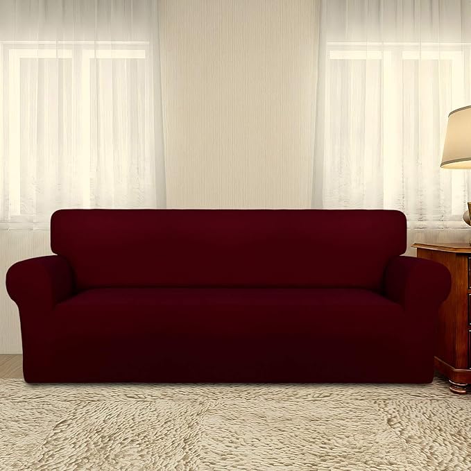 PureFit Super Stretch Sofa Slipcover – Spandex Non Slip Soft Couch Sofa Cover, Washable Furniture Protector with Non Skid Foam and Elastic Bottom for Kids, Pets （Oversized Sofa, Wine）
