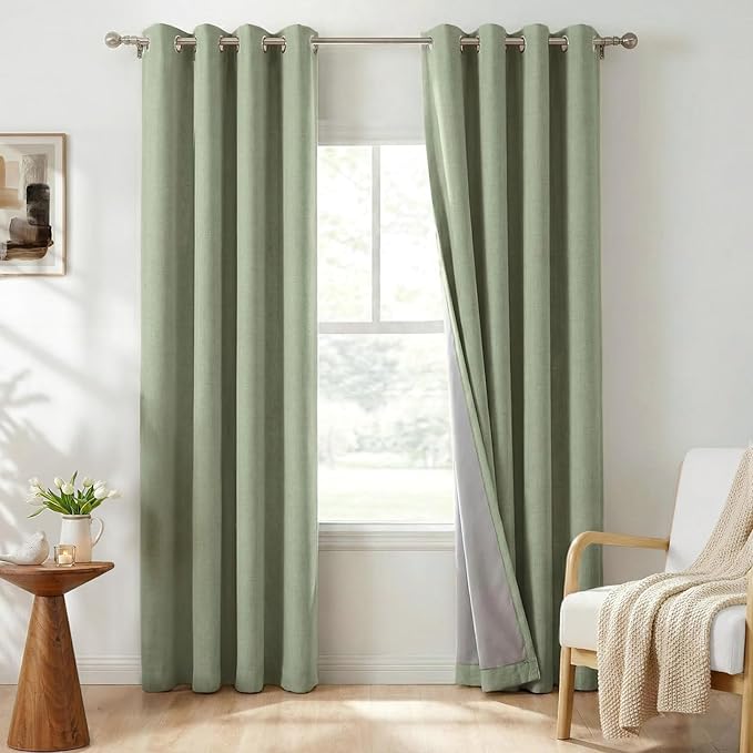 100% Blackout Shield Linen Blackout Curtains for Bedroom, Sage Green Grommet Curtains for Living Room, Thermal Insulated Room Darkening Drapes for Nursery, Boho Home Decor, 50" W x 90" L, 2 Panels