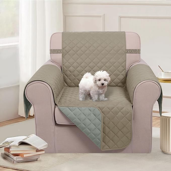 U-NICE HOME Recliner Chair Covers Reversible Chair Cover Pet Covers for Dogs with Elastic Straps Water Resistant Diamond Quilted (23''Armchair, Khaki/Light Grey)