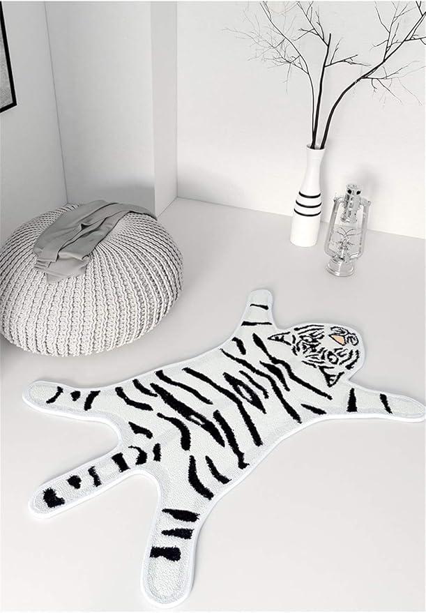 Tiger Print Rug Cartoon Cute Faux Area Rugs Fluffy Animal Print Mat Carpet Kids Small Rugs for Playroom Room Home Decor (2.6x1.8Ft /32.2" Lx21.4 W（54.5x82cm）,White)