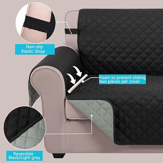 U-NICE HOME Recliner Chair Covers Reversible Quilted Water Repellent Pet Protectors with Elastic Straps (23''Recliner Small, Black/Grey)
