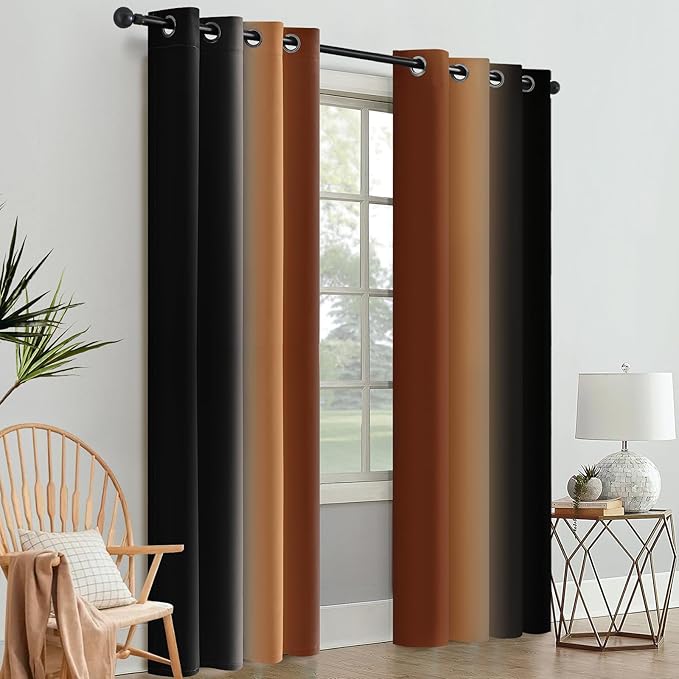 SimpleHome Ombre Room Darkening Curtains 84 inches Length for Bedroom,Grommet Gradient Light Blocking Burnt Orange and Black Gradient Window Curtains for Living Room,2 Panels, 52x84 inches