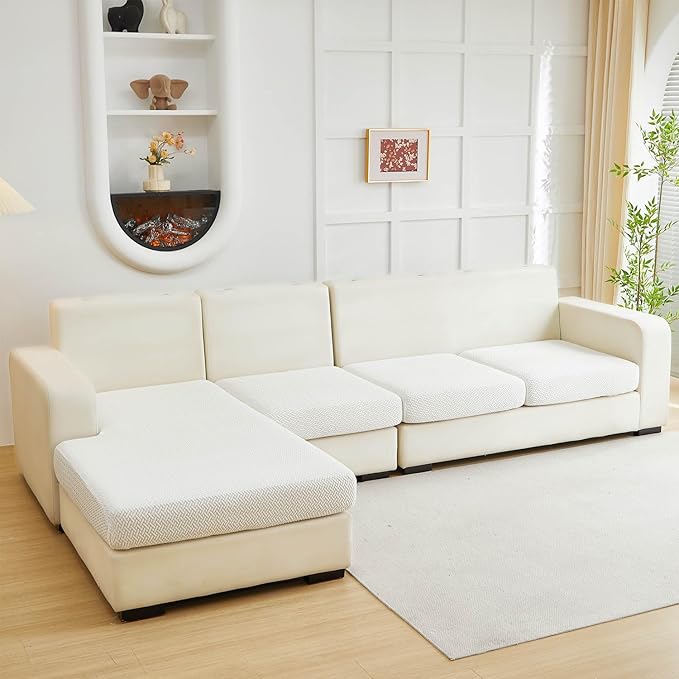 Sofa Covers Couch Covers for Sofa Pet Friendly Couch Cushion Covers Universal Sofa Covers Washable Stretch Slipcovers for Sectional Sofa (Texture Ivory White,Chaise Cover)