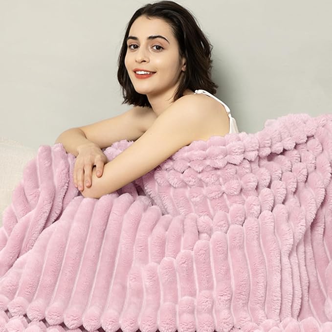 Aganear Fluffy Throw Blanket for Couch,3D Ribbed Jacquard Warm Fuzzy Blanket for Couch, Home Decor for Lightweight Cozy Soft Throw for All Seasons(Pink,50"×60")