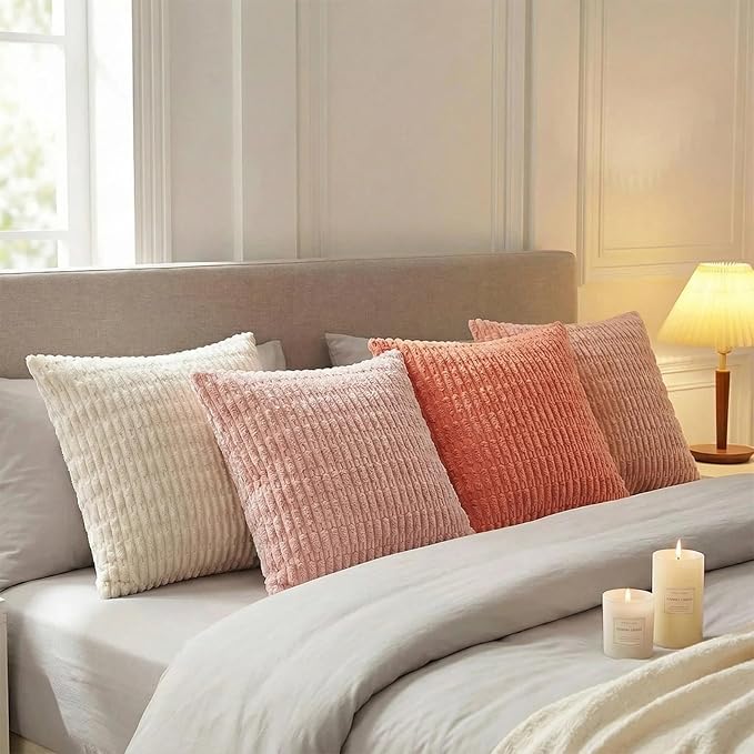 Fancy Homi 4 Packs Blush Pink Decorative Throw Pillow Covers 18x18 Inch for Living Room Couch Bed Sofa, Soft Plush Striped Corduroy Square Light Pink Coral Peach Cream Colorful Cushion Case 45x45 cm