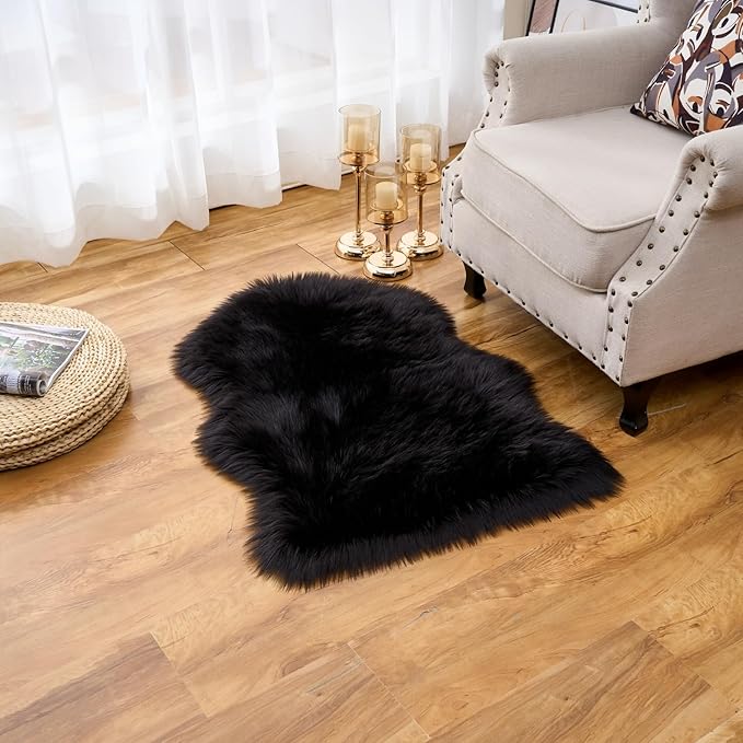 EasyJoy Ultra Soft Fluffy Shaggy Area Rug Faux Fur Rug Chair Cover Seat Pad Fuzzy Area Rug for Bedroom Floor Sofa Living Room (2 x 3 ft Sheepskin, Black)