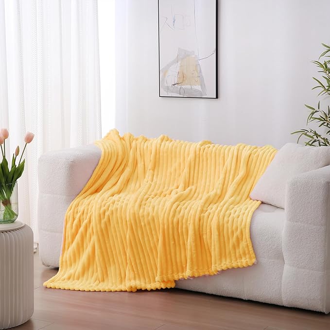 Light Yellow Fleece Throw Blanket 60”×80” for Couch Sofa Bed,Super Soft Cozy Plush Microfiber Flannel Blanket with Stripes Design Lightweight for Adults,Woman,Girls