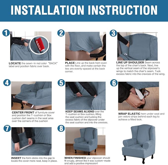 H.VERSAILTEX Wingback Chair Covers Velvet Plush Wing Chair Slipcover 1 Piece High Stretch Wing Back Chair Slipcovers Sofa Cover Furniture Cover with Elastic Bottom, Stone Blue