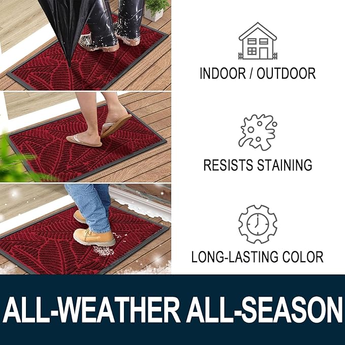 Colorxy Waterproof Doormat, Sturdy Natural Rubber Front Indoor Mat, Non Slip Low Profile Indoor Outdoor Door Mats, Stain and Fade Resistant Floor Mats, Easy Clean Patio Entry Mat, 36''x24'', Burgundy