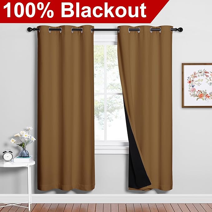 NICETOWN 100% Blackout Window Curtain Panels, Gold Brown, 2 Pieces, 42-inch Wide Per Panel, Full Light Blocking Drapes with Black Liner for Nursery, 72-inch Drop Thermal Insulated Draperies