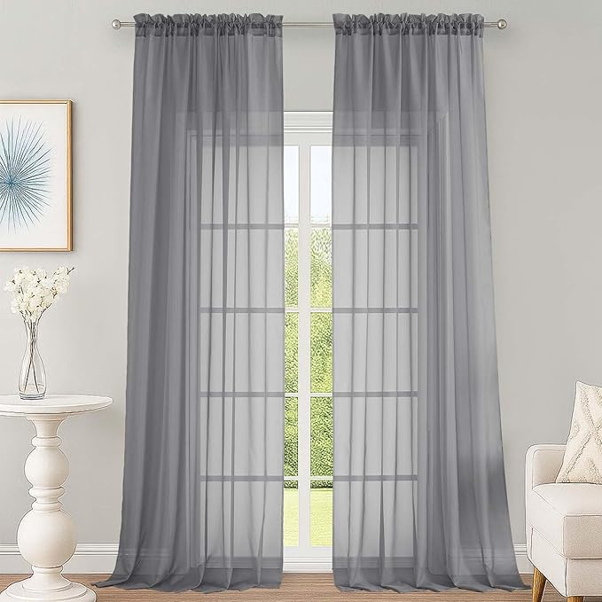 OWENIE Sheer Grey Curtains 108 Inches Long for Living Room Bedroom 2 Panels Set, Lightweight Airy Grey Sheer Curtain, Filmy Voile Rod Pocket, 2 PCS, Each 59" W x 108" L