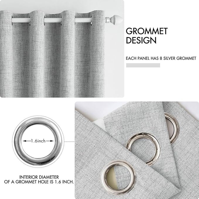 MIULEE Linen Curtains for Bedroom 100% Blackout Thermal Insulated Glacier Gray Grommet Room Darkening Curtains & Drapes for Living Room Nursery 52 x 90 Inch (2 Panels)