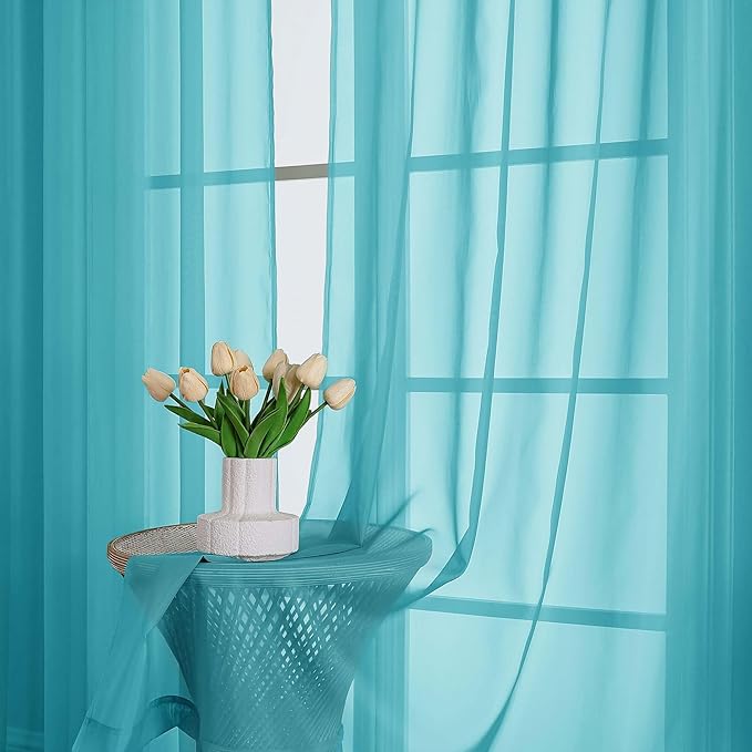 OWENIE Turquoise Sheer Curtain 90 Inches Long 2 Panels Set, Solid Filmy Drapes for Living Room Bedroom, Elegant Window Voile Sheer Curtain Panels Drapes, 2 Pcs, Each 59" Wx90 L Inch