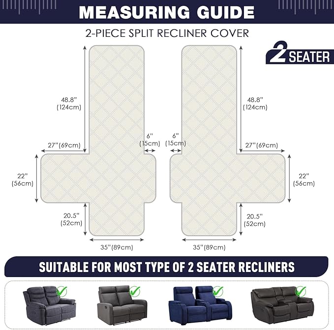 TAOCOCO 100% Waterproof Oversized Loveseat Recliner Cover, Non Slip Split Couch Covers for Reclining Loveseat with Elastic Straps for Kids Pets(Oversized 2 Seater, Navy Blue)