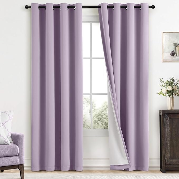 Yakamok Lilac 100% Blackout Curtains 96 Inches Long with 2 Thick Layers-Light Purple Room Darkening Thermal Insulated Window Curtain Set of 2 Panels for Bedroom Living Room 52x96 Inches,Lavender