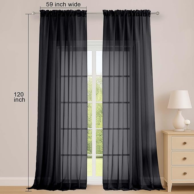 OWENIE Black Sheer Curtains 120 Inches Long 2 Panels Set, Airy Lightweight Sheer Black Curtain for Living Room Bedroom, Farmhouse Voile Filmy Rod Pocket Curtains Drapes, 2 Pcs, Each 59" Wx120 L Inch
