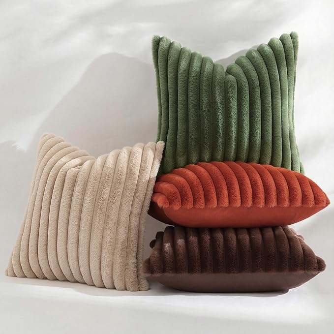 decorUhome Cozy Faux Fur Throw Pillow Covers 26x26 Set of 2 Decorative Soft Plush Striped Modern Farmhouse Boho Couch Euro Sham Pillow Cases with Velvet Back for Sofa Bed Living Room, Khaki Brown
