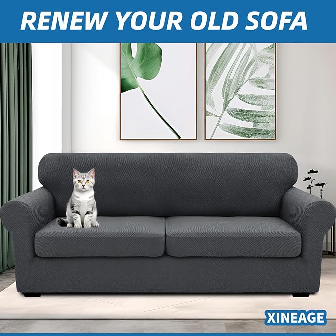 XINEAGE 2026 New 3 Pieces Couch Covers for 2 Extra Large Cushion Sofa Super Stretch Sofa Cover for 2 Large Seat Universal Loveseat Slip Cover for Living Room (Dark Gray), 71"-91"(2 Cushions)