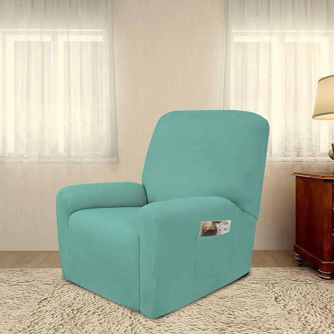 PureFit Super Stretch Chair Sofa Slipcover with Pocket – Spandex Non Slip Soft Couch Sofa Cover, Washable Furniture Protector with Elastic Bottom for Kids, Pets （Recliner, Cyan）