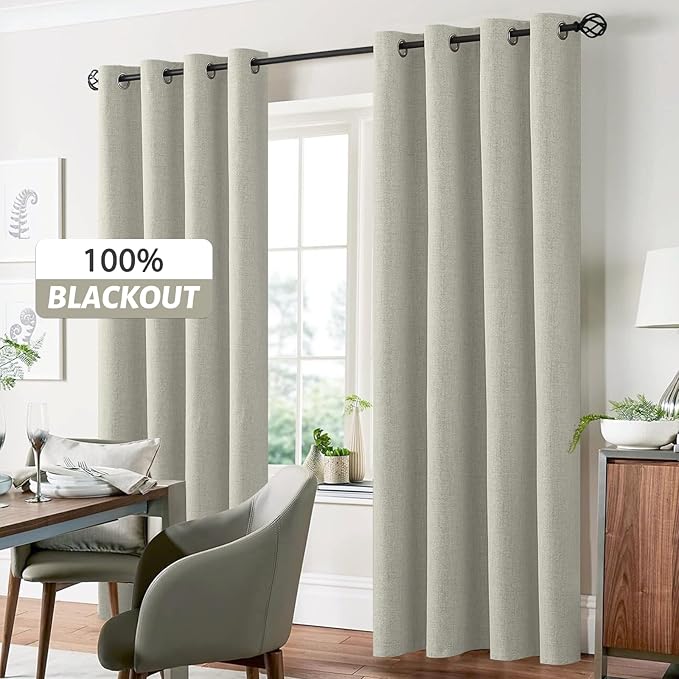 Yakamok Cream Linen Curtains 100% Blackout 72 Inches Long,Room Darkening Textured Curtain for Living Room Thermal Grommet Bedroom Curtains 2 Panels with Greyish White Liner