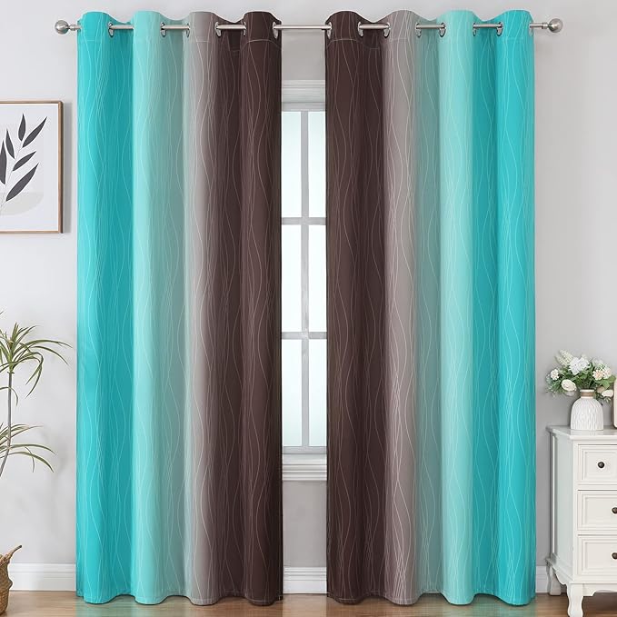 Estelar Textiler Brown and Teal Gradient Blackout Curtains for Bedroom, Ombre Thermal Insulated Noise Reducing Blackout Drapes for Living Room, Full Room Darkening Grommet Curtains, 52Wx84L, 2 Panels