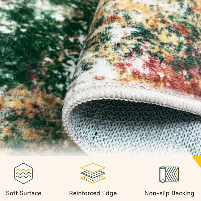 Washable Area Rugs 5'x8' Non-Slip Modern Abstract Soft for Living Room Entryway Bedroom Nursery, Print Pattern, Green Orange Rust Red Cream Colorful